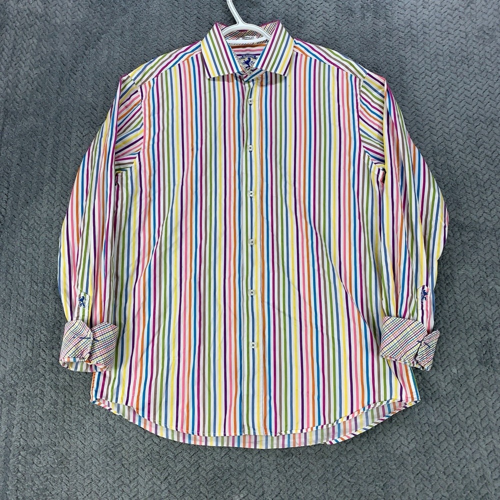 Bugatchi Shirt Men's Large Shaped Fit Long Sleeve Multi-Color Striped Flip Cuffs